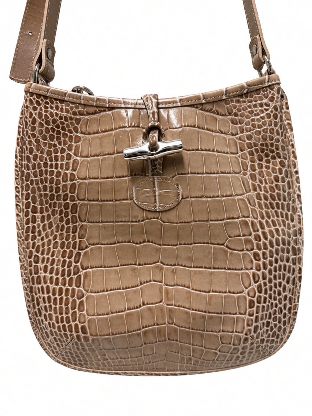 Longchamp Taupe Crocodile Embossed Leather Crossbody / Shoulder Bag